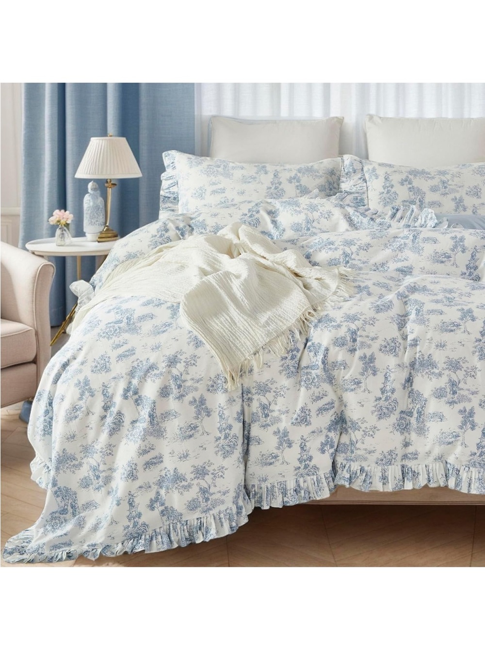 Ruffled Toile Comforter Set in Light Blue and White - Picture 3 of 3